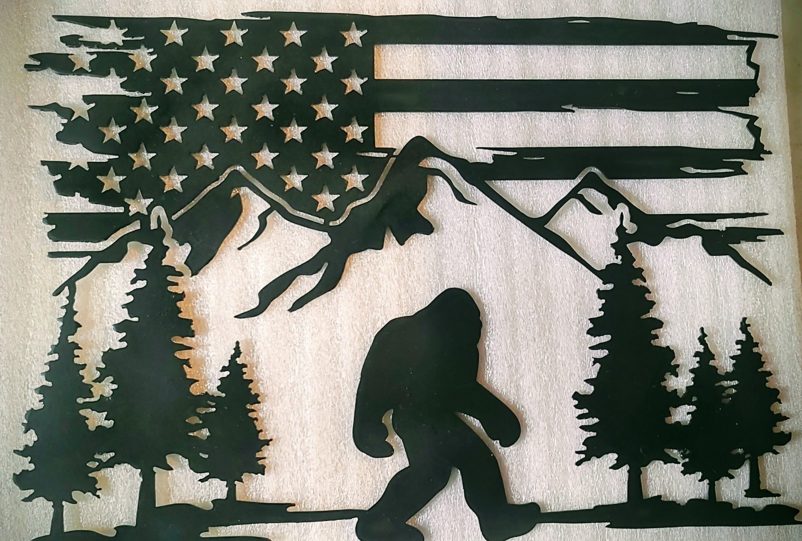 Bigfoot & American Flag laser-cut steel wall art